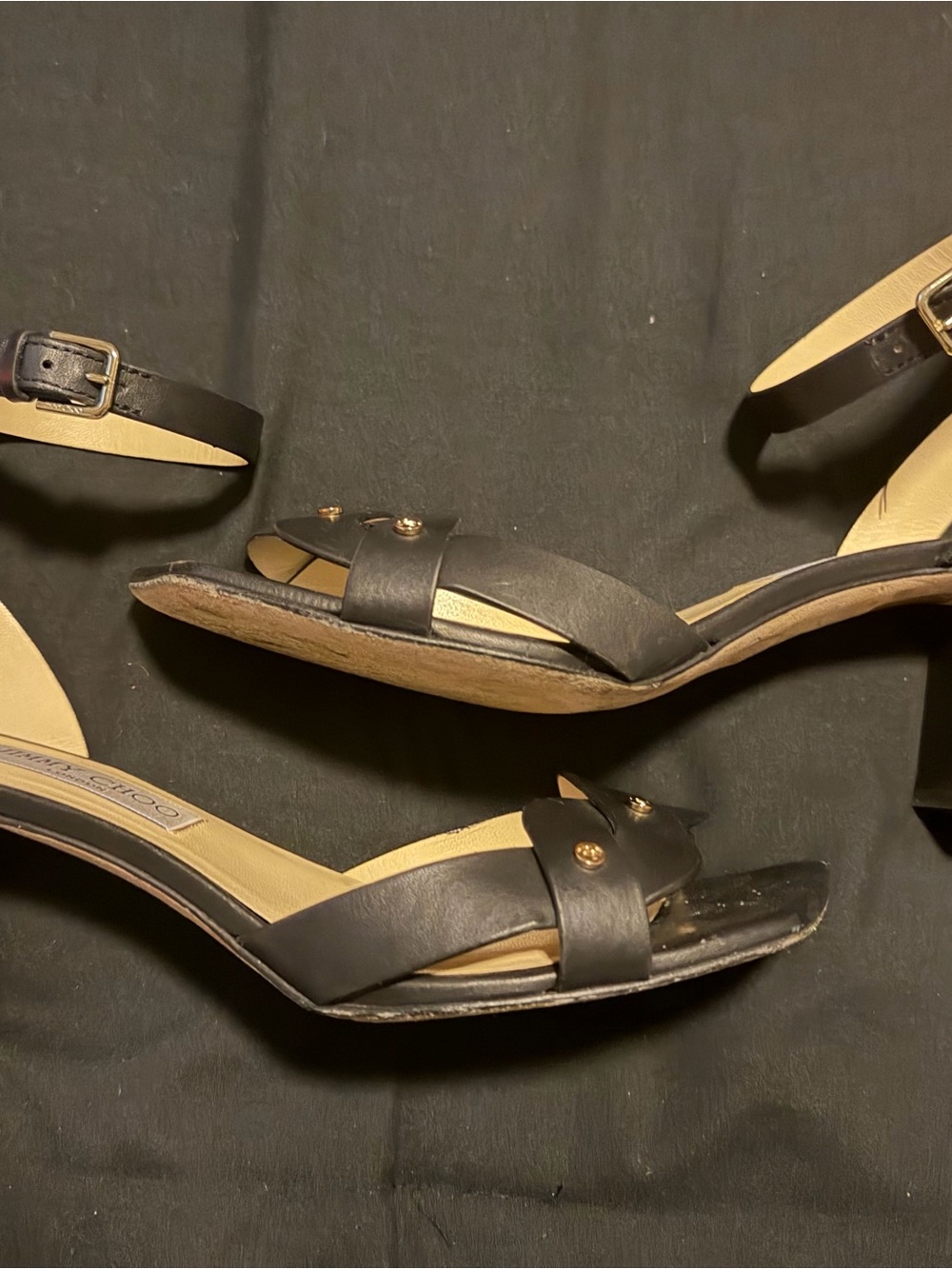 Jimmy Choo Black Leather Ankle-Strap Heels with Gold Studs - Picture 2 of 7